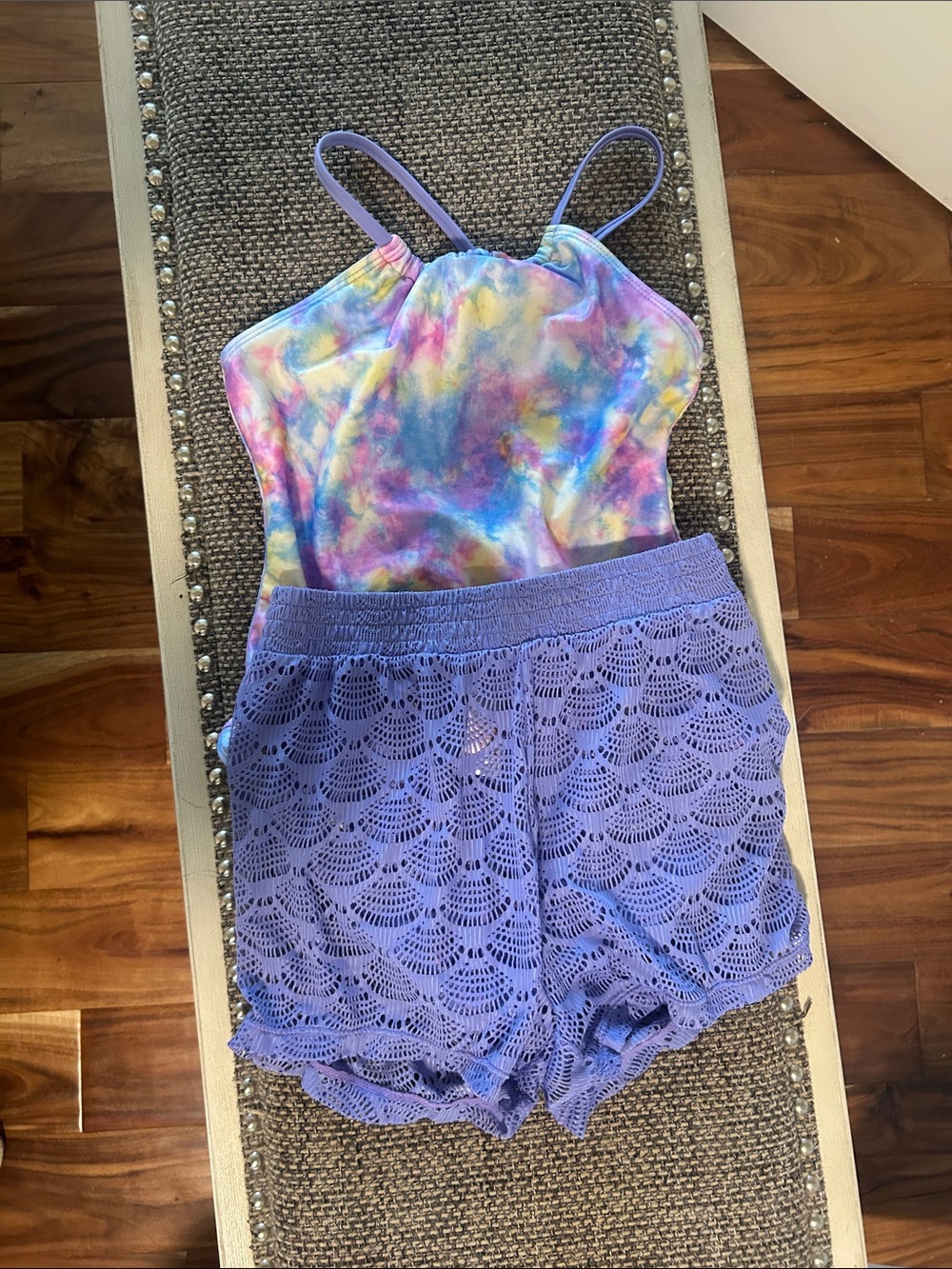 Cat & Jack Girls' Purple Tie-Dye One-Piece Swimsuit with Crochet Shorts
